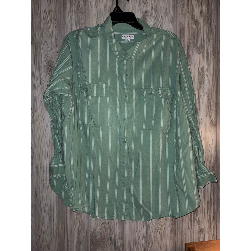 Ava & Viv Sage Green White Striped Button Down Shirt Plus Size 3X Long Sleeve